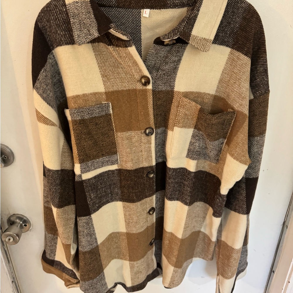 Amazon Women's Plaid Button-Up Shirt - Brown and Cream